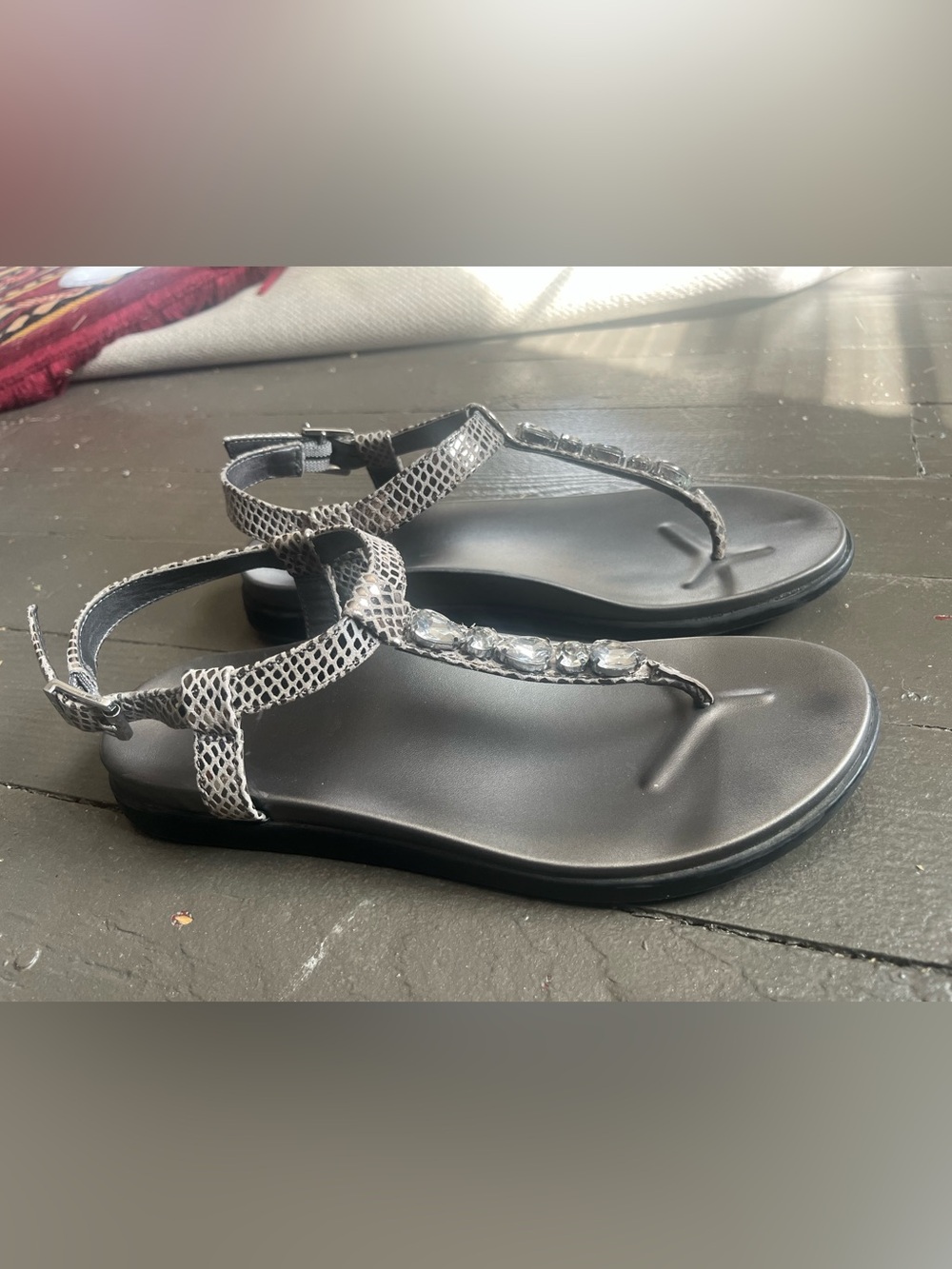 Vionic Black and Silver Jeweled T-Strap Sandals